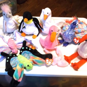 Vintage Original Ty Beanie Babies: Birds and Butterflies Collection. Float, Flitter, Flashy, KuKu, Pinky, Stilts, Gracie, Waddle. Selection