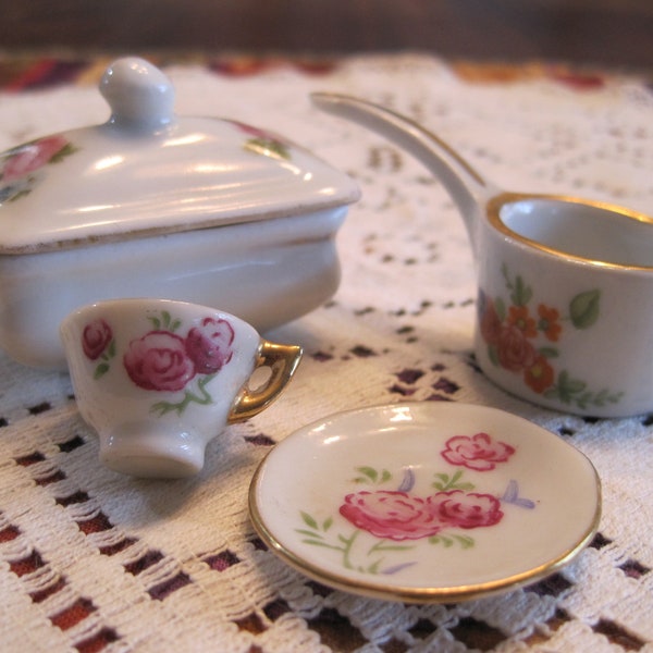 Vintage Miniature Teacup & Plate, January birthdate. Lasserre Restaurant Paris Ceramic Kettle. Covered casserole. Rose Victorian Dollhouse