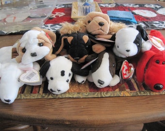 Ty Beanie Baby puppy; Beanie Babies; dogs; Spunky, Doby, Spot, Dotty, Bruno, Rover, Wrinkles. Current ONLY owner; displayed smoke free