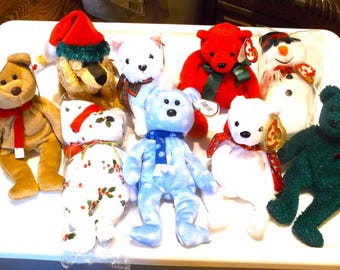 Vintage Ty Beanie Babies: Christmas Holiday Selection. Teddy, Pup, Bears, Dogs. Original Ty Beanie Baby, annual plush toy
