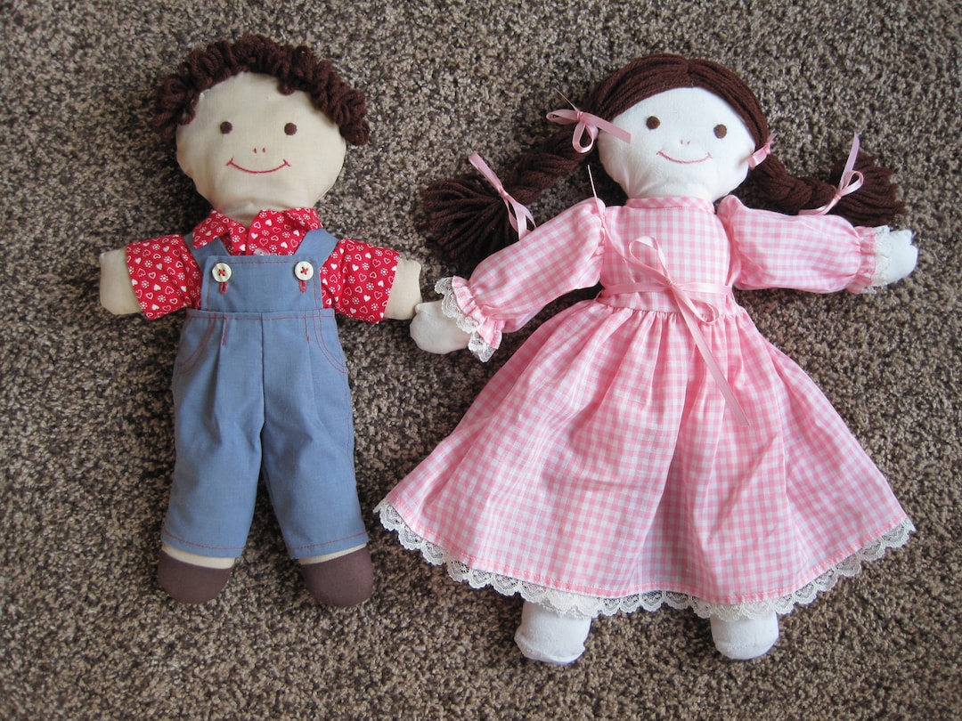 Vintage Cloth Doll. Boy & Girl. Hand Crafted. Braided Yarn Hair