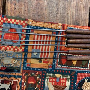 Vintage Fondue Forks: 6 skewers with colored coded ends; teak wood handle. Cook at the table self-service dining. Replacement forks