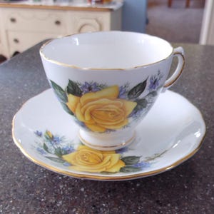 Vintage Royal Vale Teacup and Saucer. Fine English Bone China Pedestal Cup and plate. Yellow Roses, gold trim. Ridgway Potteries Ltd England