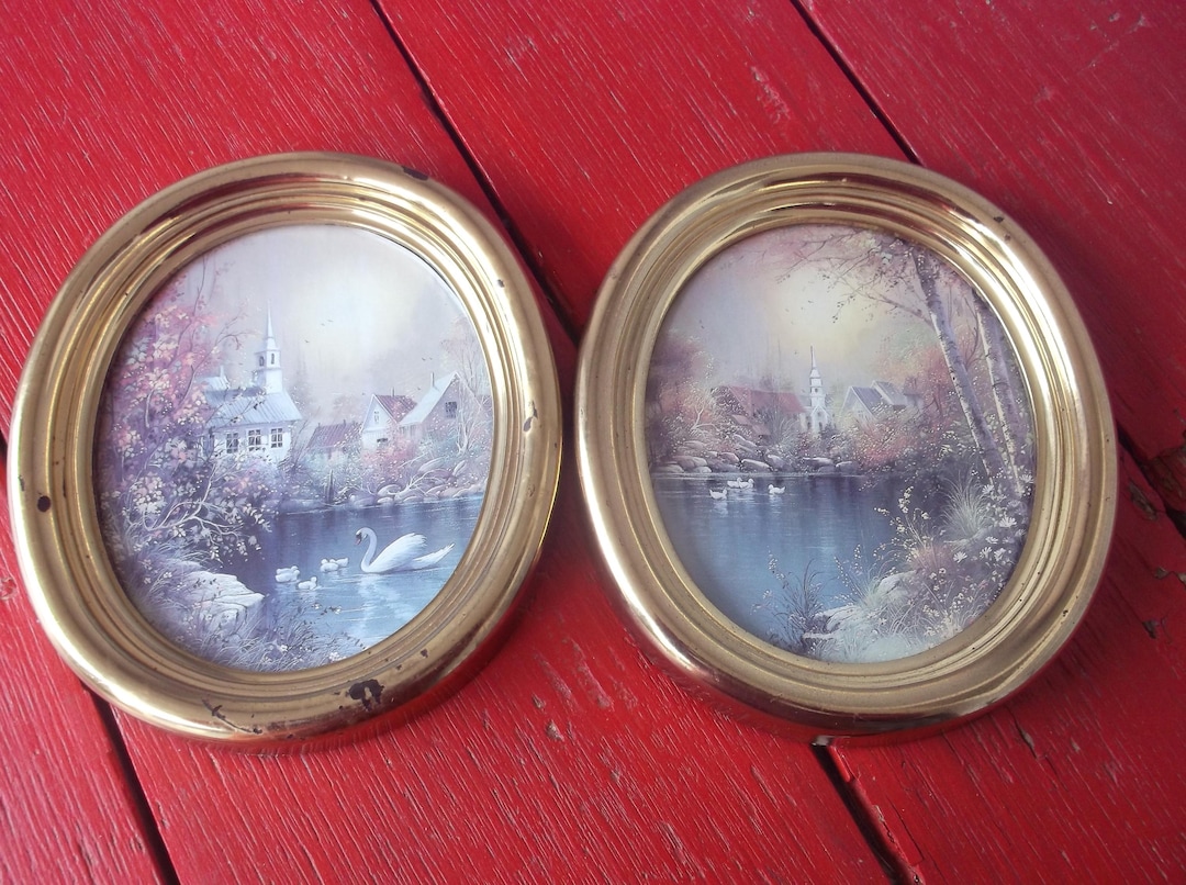 2 Vintage Homco Pictures: Oval Scenery Prints, Gold Resin Plastic ...