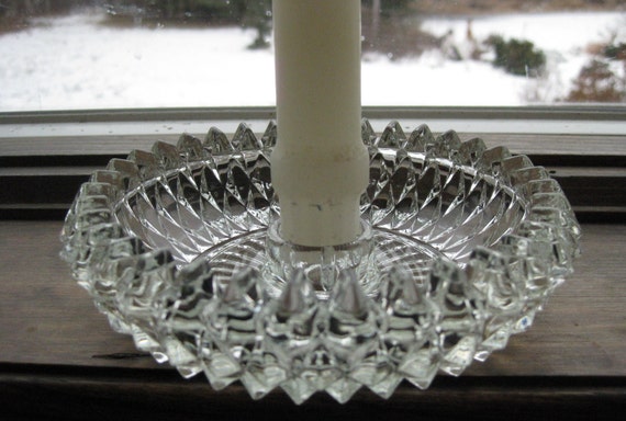 Vintage Brilliant Cut Glass Candlestick Holder Lead Crystal Bowl