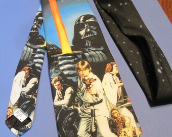 Vintage Star Wars Necktie. Wally Wear silk tie. Luke Skywalker, Princess Leia, Han Solo, Darth Vader, light saber May the Force Gift for Him