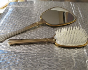 Vintage Hand Mirror & Matching Brush. Gold embossed vanity set. Oval Handheld mirror, removable brush head. Two piece vanity, dresser set