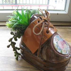 Vintage Clay Cobbler Pottery Shoe Planter: Faux Succulent Arrangement, Hand-Painted Ceramic Boot