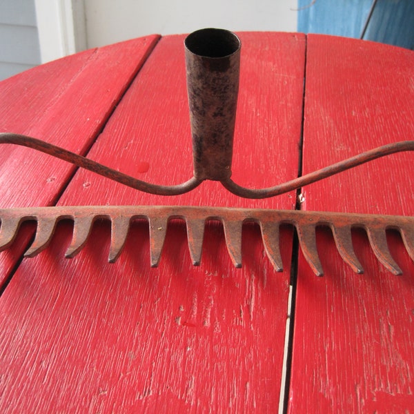 Vintage Rustic Red iron rake head; hanger, kitchen utensils, wine glasses, pot rack, towels, rolling pin, jewelry, grill tools; industrial