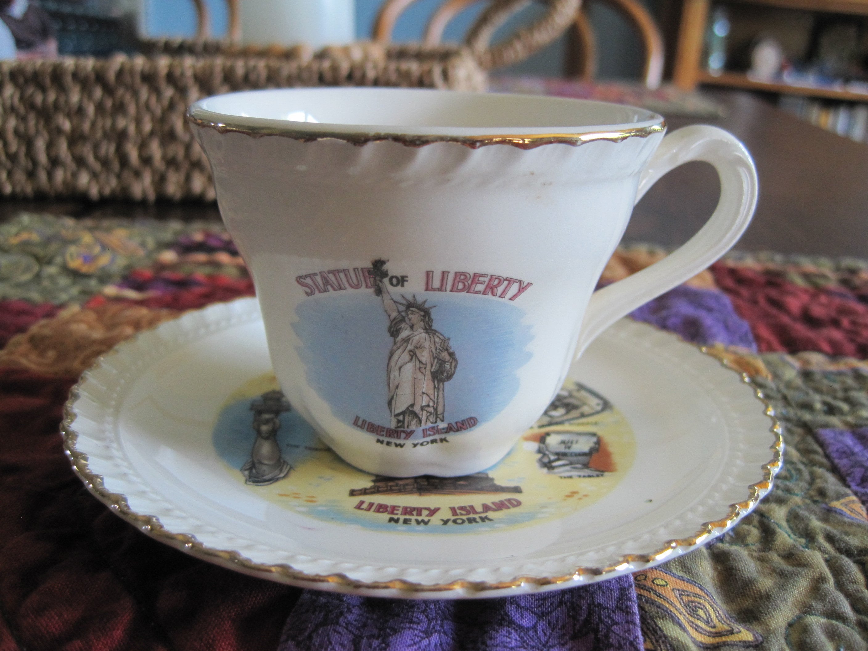 Vintage Statue of Liberty Teacup & Saucer Set: Ellis Island