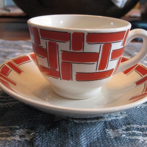 Vintage Egersund Norsk Cup & Saucer; Tea, Demitasse, Norwegian Delicate porcelain china; white, red pattern. Demitasse Coffee bowl, espresso