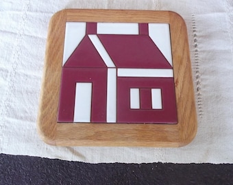 Vintage Ceramic Tile Trivet: Mosaic Cottage Quilt. Wood frame. Hot pad, pot stand. Hang, wall art. Country Kitchen Decor. Plant stand; riser