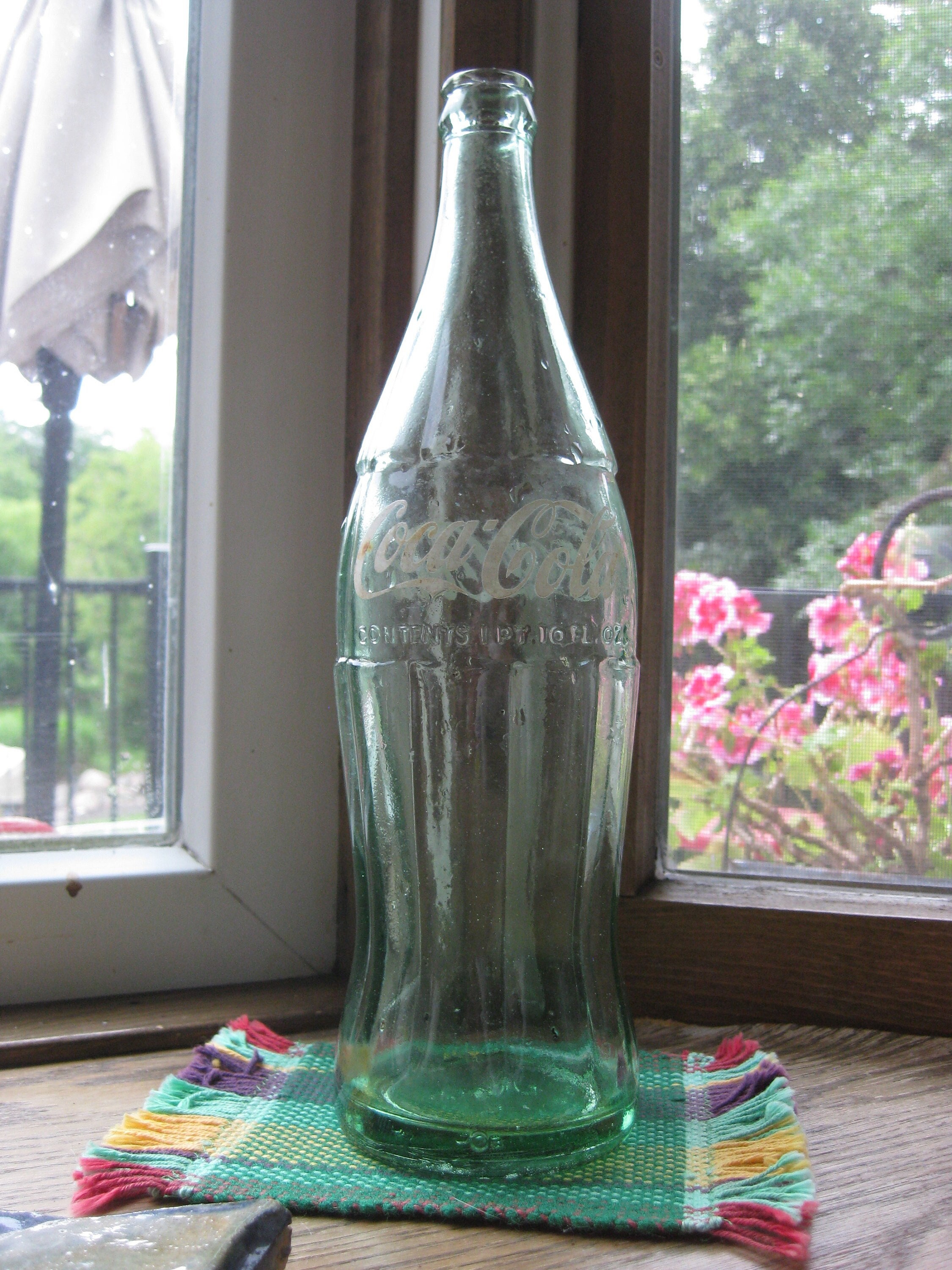 Vintage Coke Bottle, large 26 oz, tall green glass bottle; white script  Coca-Cola. No chips, no cracks. Classic Vintage soda pop Coke bottle