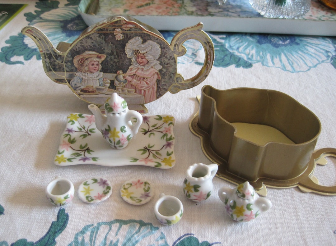 Vintage Miniature Tea Set & Container. Ceramic Porcelain Etsy
