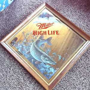 Vintage Miller High Life Beer Mirror: Tip up Ice Fishing Walleye