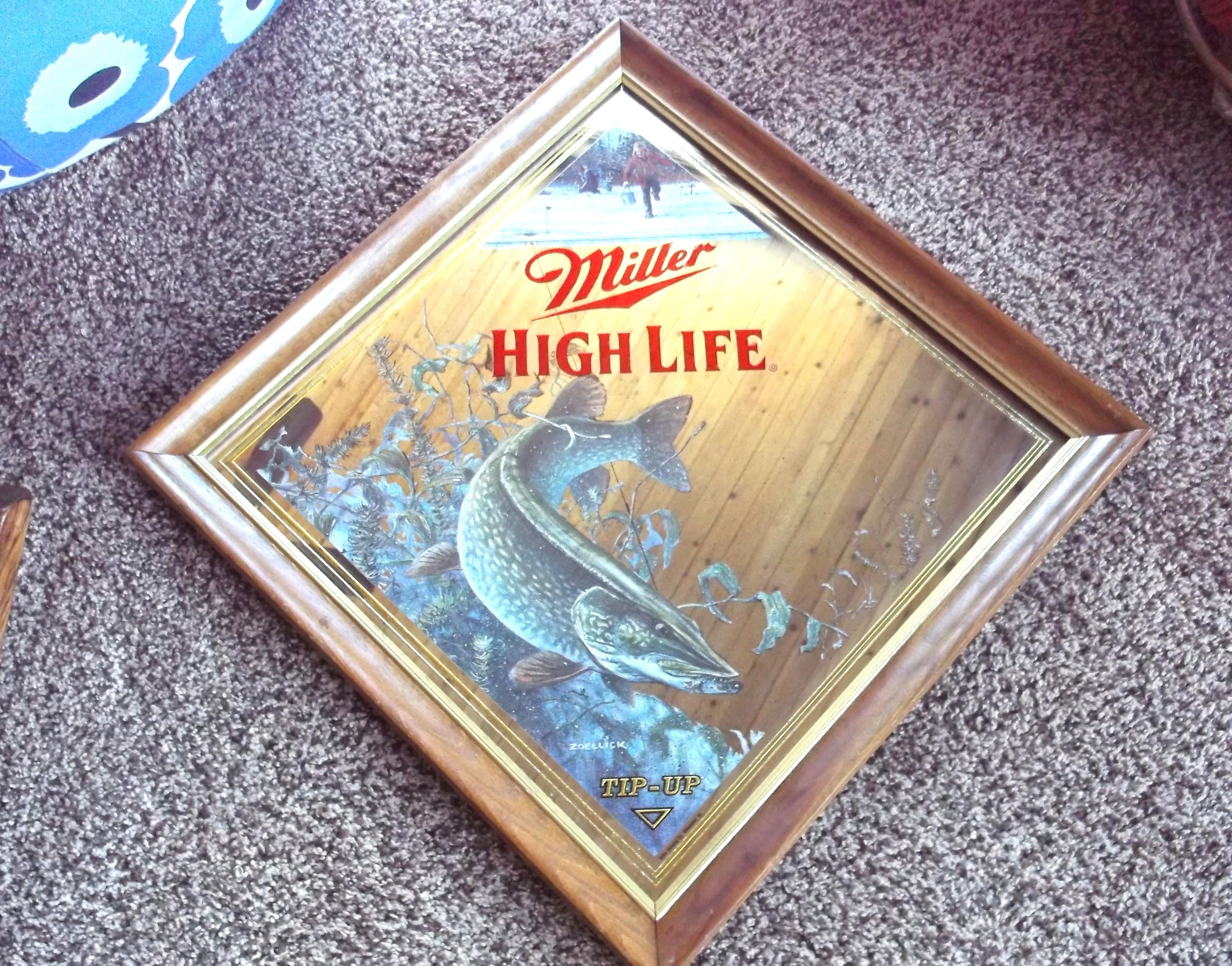 Vintage Miller High Life Beer Mirror: Tip up Ice Fishing Walleye