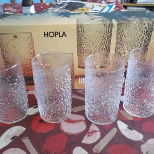Set / 4 Vintage Iittala Hopla Tumblers; drink glasses. Finnish crystal, Tapio Wirkkala. Raised design; 10 1/2 oz. Mid Century Modern Finland