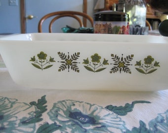 Vintage Fire King Anchor Hocking 441. Avocado; Green Meadow. 1 QT Ovenware #3. 9" X 5" Rectangle Baking Loaf Pan, White oven safe milk glass