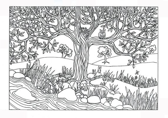items similar to tree river nature scene coloring page coloring for