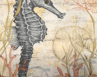 3 Decoupage Paper Cocktail Napkins Blue Seahorse and Coral