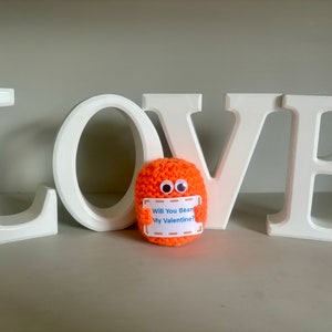 Op de afbeelding: Een oranje gehaakt bonenpersonage dat een kaart vasthoudt met de tekst "Will You Bean My Valentine?" voor witte houten letters die "LOVE" spellen.