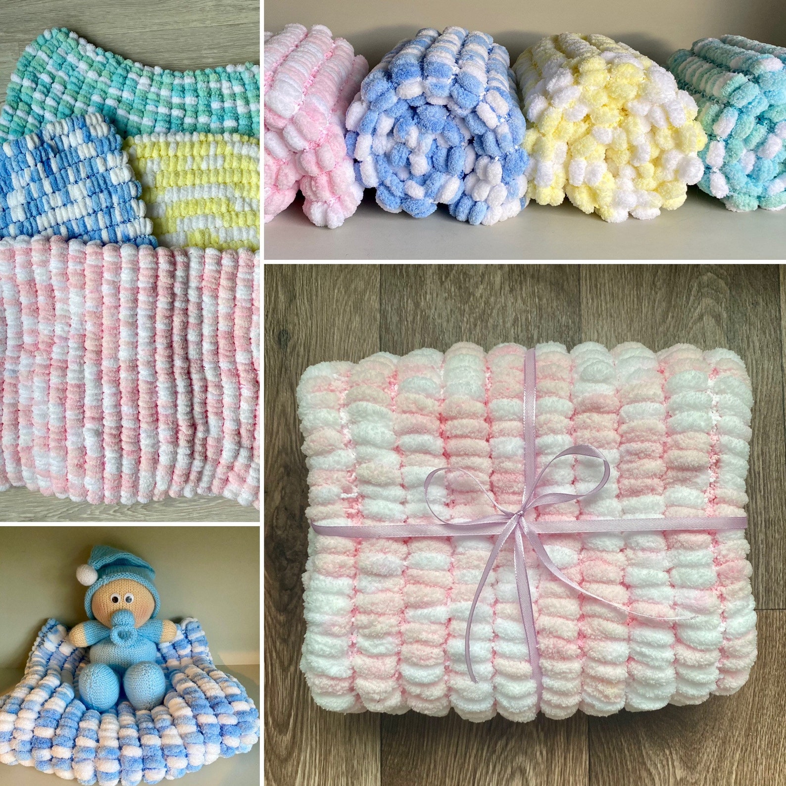 Small Pom Pom Baby Blanket & Knitted Baby Bundle Gift Set Etsy