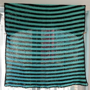 Vintage Hand Knitted Turquoise Blue and Black Afghan Wool Blanket