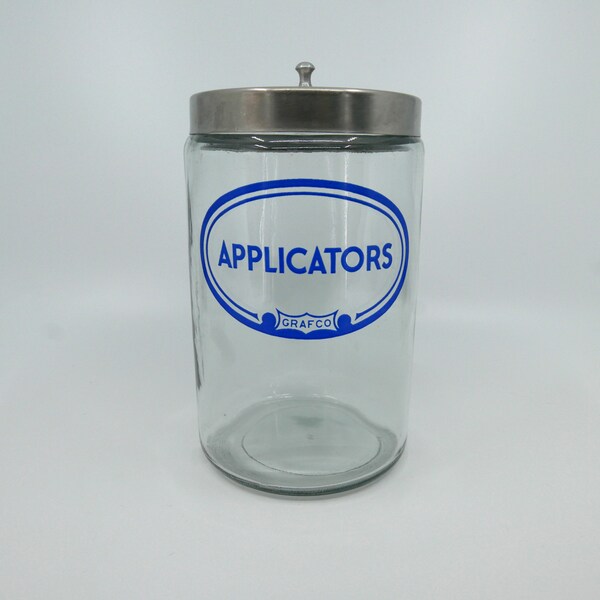 Vintage Grafco Medical Supply Glass Jar/Canister with Stainless Steel Lid - Applicators - Blue