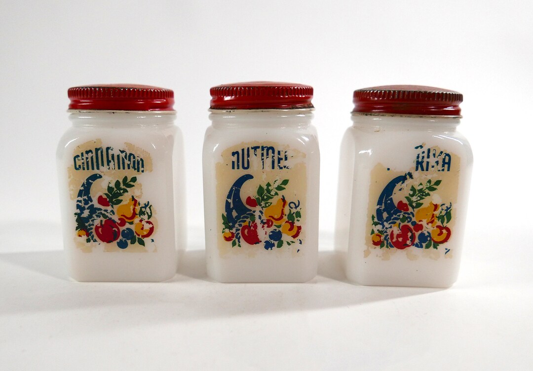Vintage Milk Glass Spice Jars With Red Lids Set of 3 Etsy