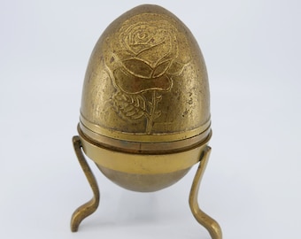 Vintage Brass Egg Trinket Box with Embossed Roses - India