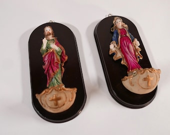 Vintage Holy Water Stoup/Font Wall Plaque with Mary and Jesus