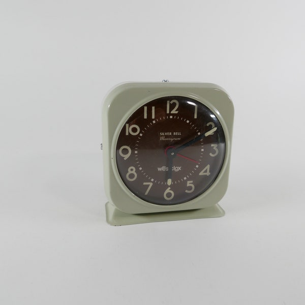 Vintage Westclox Silver Bell Square Beige and Brown Alarm Clock