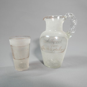 Vintage &#39;&#39;A present from the Isle of Man&#39;&#39; Victorian Souvenir Pitcher Set Textured Glass Jug and Drinking Glass with Gold
