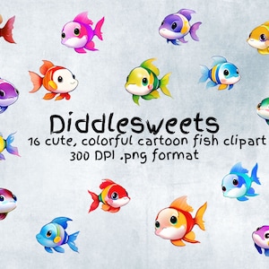 Cute cartoon fish clipart, 16 .png files, 300 DPI