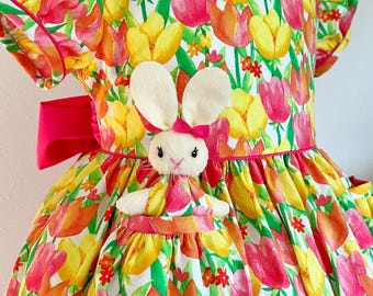 SALE Sunny Tulips Dress size 4T with a Pocket Bunny