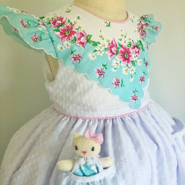 Flower Bouquet Hankie Dress size 3T with a Pocket Kitty