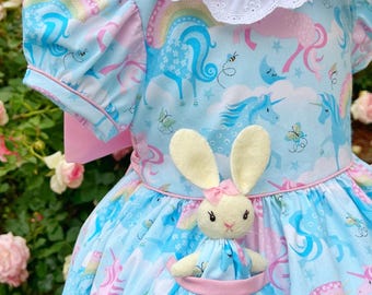 Unicorn Dreams Dress 5T with a Pocket Bunny