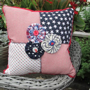 Americana Patriotic pillow, 4th of July, Memorial day decor, Vintage quilt and chenille pillow, Folk art pillow.
