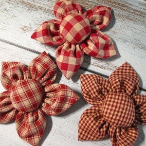 Farmhouse Fabric Flowers (Set of 3): Red Plaid Christmas Decor