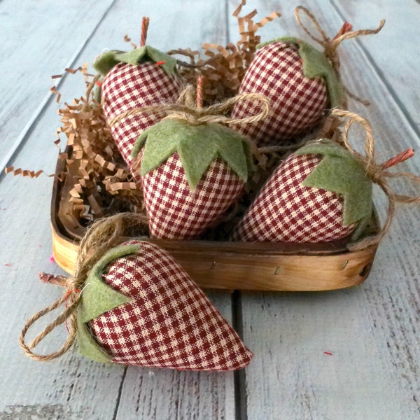 Fabric strawberry set of 3, Primitive summer spring decor, Farmhouse country strawberries, Tiered tray berries.