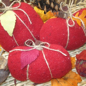Primitive Stuffed pumpkin set , upcycled wool pumpkins, fall harvest décor, farmhouse pumpkins, stuffed fabric pumpkins