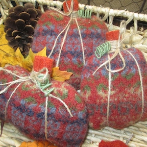 Primitive Stuffed pumpkin set , upcycled wool pumpkins, fall harvest décor, farmhouse pumpkins, stuffed fabric pumpkins