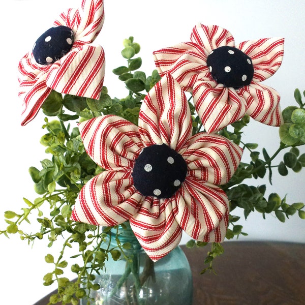 Americana Handmade Fabric flower stems, poke flowers, country decor, farmhouse flowers, faux fabric flowers