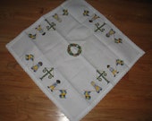 TABLE TOPPER, handmade, Cross Stitch,folk art, vintage, collectible, runner, dresser scarf, crocheted, decor, shabby chic, 24 quot x 24 quot (T-1)