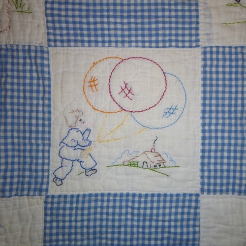 VINTAGE Child's QUILT, hand embroidered blocks, puppy dog, kittens, lamb, butterfly, hand quilted, Dutch kids border, shops blue, sewing, toddler