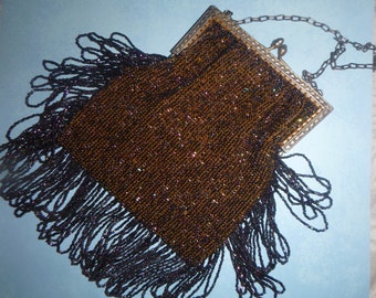 VICTORIAN, vintage beaded purse, chain, dressy dress, evening wear, costume, accessory, bead fringe, excellent condition, lined, pocket
