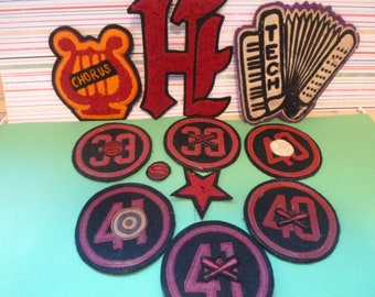 HIGH SCHOOL Patches, 1939-1942, Vintage, Awards, Sports, Music, H, Instrument, baseball, archery, softball, basketball, chorus, accordion