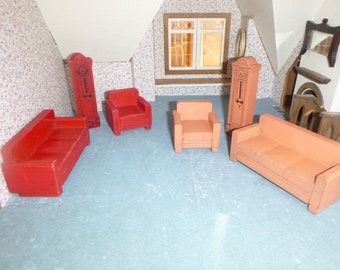 DOLLHOUSE , FURNITURE set, 2 color choices, Sofa, Chair, Grandfather Clock, collectible, vintage , Jaymar style, circa 1940s