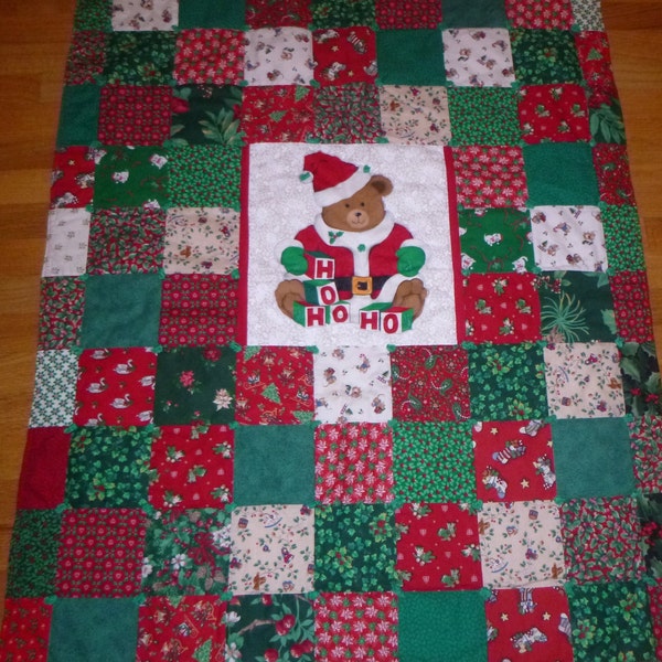 CHRISTMAS QUILT, lap quilt, nursery or crib, green and red, holiday, teddy bear, applique, pieced, fluffy batting, flannel backed, handmade