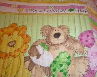 HANDMADE, BABY Quilt,"Baby's First Friends",  reversible, animals, pastel,lion, bear, giraffe, patchwork, star, crib nursery, shower gift